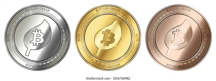Gold, silver and bronze Bitcoin Green (BITG) cryptocurrency coin. Bitcoin Green (BITG) coin set.