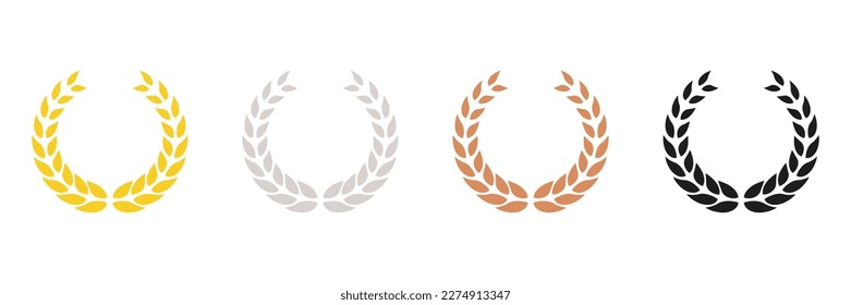 Gold, Silber, Bronze, Black Leaf Award Piktogramm. Siegerkaplet. Laurel Wreath Silhouette Icon Set. Vintage Olive Leaves Emblem. Symbol für den Erfolg des Kreislaufbaums. Einzelne Vektorgrafik.