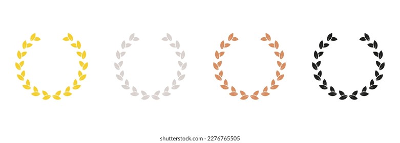 Gold, Silver, Bronze, Black Leaf Award Glyph Pictogram. Winner Chaplet. Laurel Wreath Silhouette Icon Set. Vintage Olive Leaves Emblem. Circle Tree Branch Success Symbol. Isolated Vector Illustration.