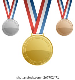 Gold, silver, bronze blank award medals with ribbons