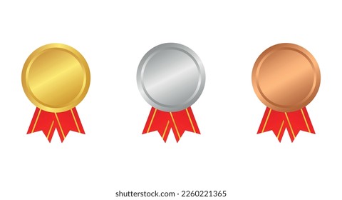 Gold , silver and bronze blank sport medals on red ribbon , isolated on white background , flat vector icons