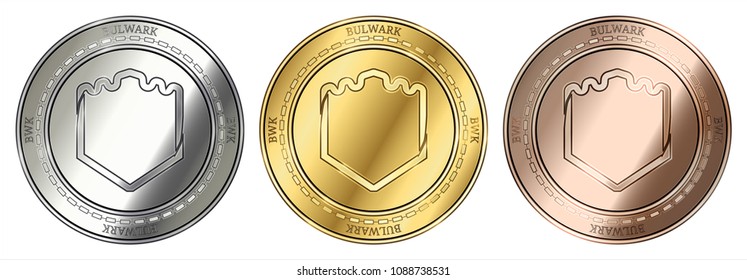 Gold, silver and bronze Bulwark (BWK) cryptocurrency coin. Bulwark (BWK) coin set.