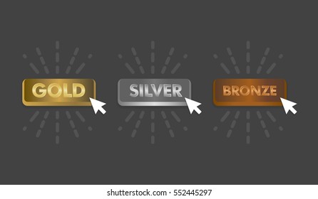 Gold Silver and Bronze buttons set with mouse click icon vector illustration
