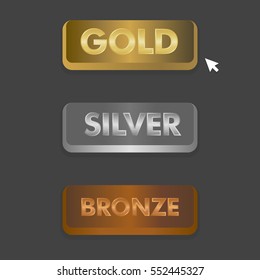 Gold Silver and Bronze buttons set with mouse click icon vector illustration