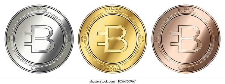 Gold, silver and bronze Bytecoin (BCN) cryptocurrency coin. Bytecoin (BCN) coin set. svg