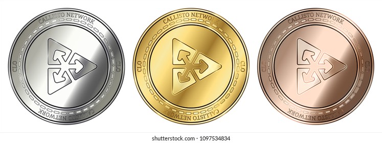 Gold, silver and bronze Callisto Network (CLO) cryptocurrency coin. Callisto Network (CLO) coin set.