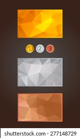 Gold-, Silber- und Bronzekarten oder Hintergründe und Medaillen im polygonalen Stil. Geschenk, Gutschein, Vorlage des Zertifikats, Vektorillustration