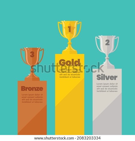 Gold silver and bronze champion cups ranking infographic with sample text. Flat style vector illustration