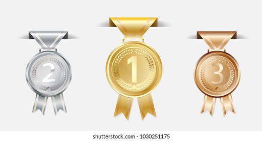 Gold silver bronze Champion Medals with ribbon.Vector illustration.