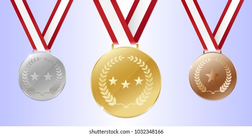 Gold silver bronze champion medals with ribbon.Vector illustration.