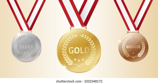 Gold silver bronze Champion Medals with ribbon.Vector illustration.