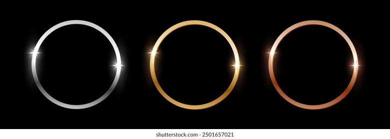 Gold, silver, bronze circle award frames 3d vector realistic illustration. First, second, third place medals isolated on black background. Winners trophy. Blank shiny badge, banner, label.