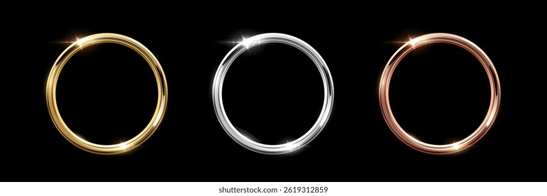 Gold, silver and bronze circle frames. First, second, third place medals isolated on black background. Blank metal ring, button, stamp, emblem, sticker, label. Abstract vector illustrations set.