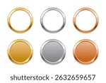Gold, silver, bronze circle medals, metal circle frames, coins. First, second, third place award frames isolated on white background. Realistic vector illustration.
