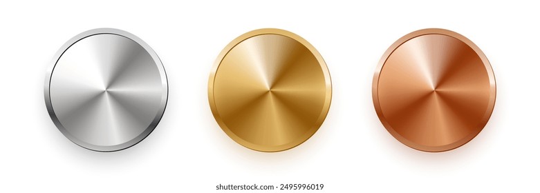 Gold, silver, bronze circle medals. Metal coins. First, second, third place award frames isolated on white background. Winners trophy. Blank shiny badge, banner, label. Realistic vector illustration.