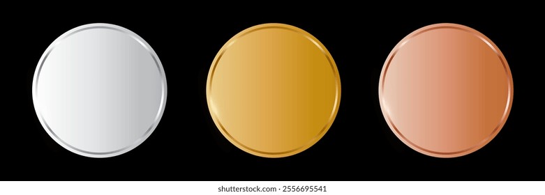 Gold, silver, bronze circle medals. Metal coins. First, second, third place award frames isolated on black background. Winners trophy. Blank shiny badge, banner, label. Realistic vector illustration.