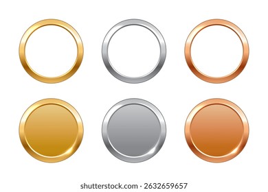 Gold, silver, bronze circle medals, metal circle frames, coins. First, second, third place award frames isolated on white background. Realistic vector illustration.