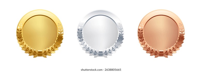 Gold, silver, bronze circle medals. Metal coins. First, second, third place award frames isolated on white background. Winners trophy. Blank shiny badge, label. Realistic vector illustration.