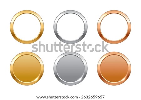Gold, silver, bronze circle medals, metal circle frames, coins. First, second, third place award frames isolated on white background. Realistic vector illustration.