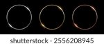 Gold, silver and bronze circle thin frames. Blank metal ring, button, stamp, emblem, sticker, label. First, second and third place medals isolated on black background. Abstract vector illustration set