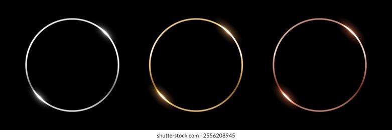 Gold, silver and bronze circle thin frames. Blank metal ring, button, stamp, emblem, sticker, label. First, second and third place medals isolated on black background. Abstract vector illustration set