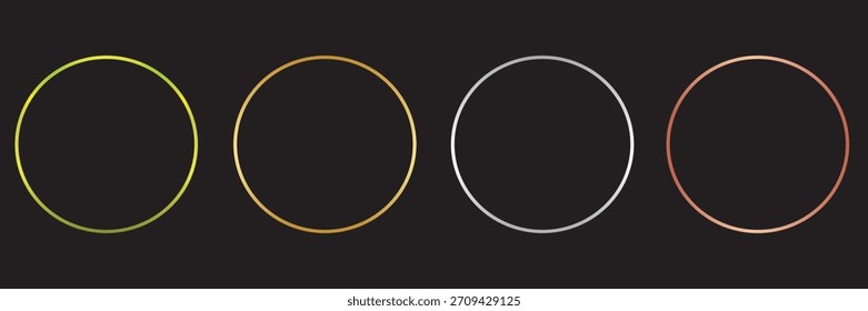Marcos finos de círculo de oro, plata y bronce. Anillo de metal en blanco, Botón, sello, emblema, pegatina, etiqueta. Medallas de primer, segundo y tercer lugar aisladas sobre fondo negro. Conjunto de Ilustración vectorial Abstractas