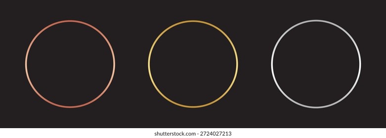 Marcos finos de círculo de oro, plata y bronce. Anillo de metal en blanco, Botón, sello, emblema, pegatina, etiqueta. Medallas de primer, segundo y tercer lugar aisladas sobre fondo negro. Conjunto de Ilustración vectorial Abstractas