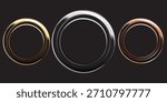 Gold, silver, and bronze circular frames set. Thin metal rings for medal or award design. 