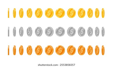 Gold, silver and bronze coin animation showcasing rotation at diverse angles for app or game. Blank casino coin spinning. Rotating achievement icon in flat 3D metal design viewed various perspectives