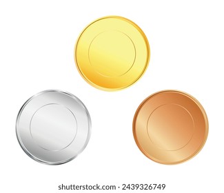 Gold silver bronze coin medals award on white background