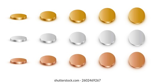 Gold, silver and bronze coins animation. 3d metal money rotation in different colors and positions. Flip coins vector set isolated on white background. Game icons. Payments, investment, finance.