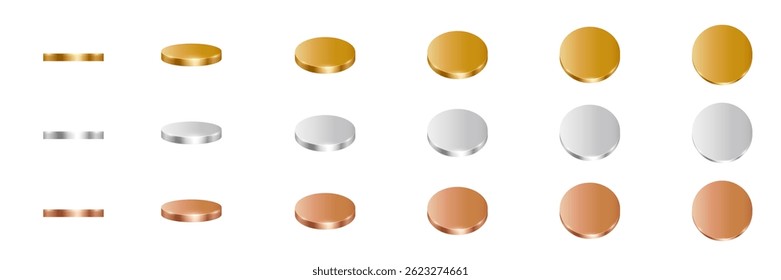 Gold, silver and bronze coins animation. 3d metal money rotation in different colors and positions. Flip coins vector set isolated on white background. Game icons. Payments, investment, finance.
