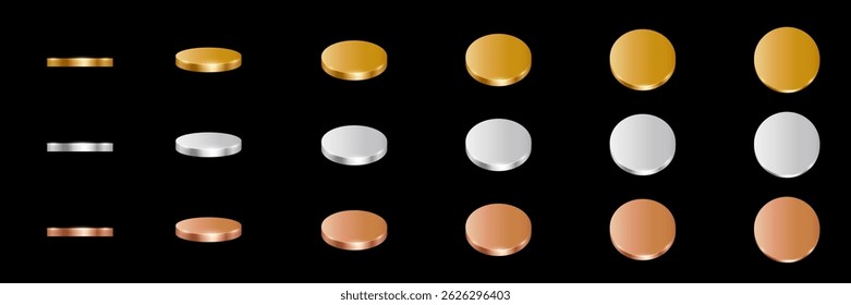 Gold, silver and bronze coins animation. 3d metal money rotation in different colors and positions. Flip coins vector set isolated on white background. Game icons. Payments, investment, finance.