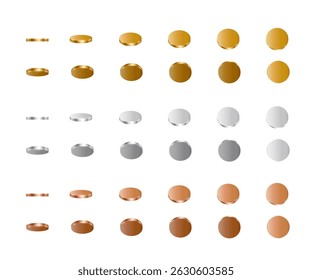 Moedas de ouro, prata e bronze de animação. 3d metal rotação de dinheiro em diferentes cores e posições. Inverter moedas vetor conjunto isolado no fundo branco. Ícones do jogo. Pagamentos, investimentos, finanças.