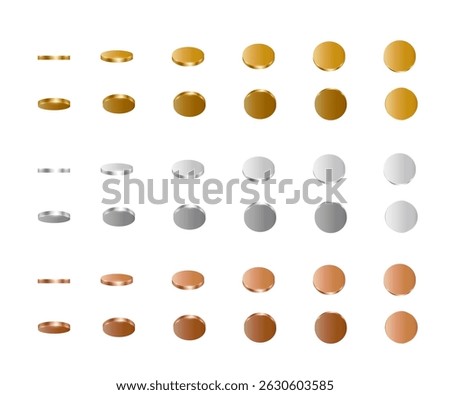 Gold, silver and bronze coins animation. 3d metal money rotation in different colors and positions. Flip coins vector set isolated on white background. Game icons. Payments, investment, finance.