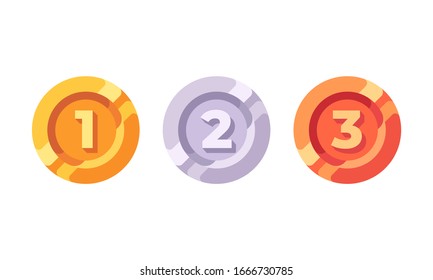 Gold, silver and bronze coins with numbers, Rank medal flat icons