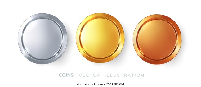 Monedas de oro, plata y bronce. Premios y premios. Juego de realistas medallas en blanco en 3d. Ilustración del vector