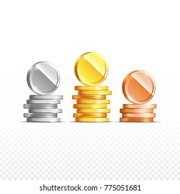 Gold, silver, bronze coins set isolated on transparent in different positions