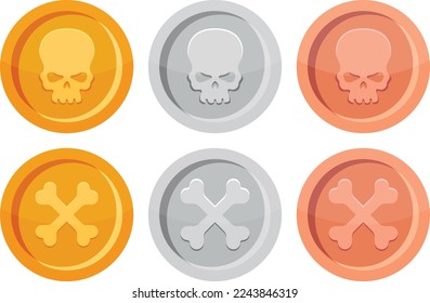 Gold silver and bronze coins with skull and bones icon, skull coin and bones coin, game coins