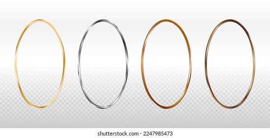 Gold, silver, bronze and copper oval frames for a picture or photo. 3d vector illustration  isolated on transparent background.