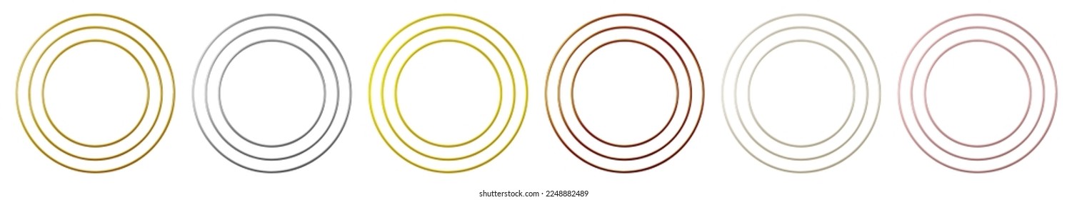 Gold, Silber, Bronze, Kupfer, Platinmetallringe. Dünne Kreissenrahmen als Auszeichnung, glänzender Knopf, erste Trophäe, Ellipse oder Rahmen.