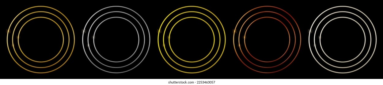 Gold, silver, bronze, copper, platinum metal rings on dark background. Thin circle frames as award badge, shiny button, first trophy, medal ellipse or border frame.