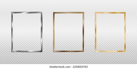 Gold, silver, bronze and copper rectangular frames for a picture or photo. 3d vector illustration  isolated on transparent background.