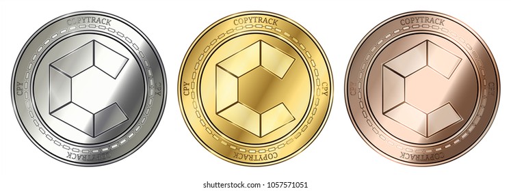 Gold, silver and bronze Copytrack (CPY) cryptocurrency coin. Copytrack (CPY) coin set.