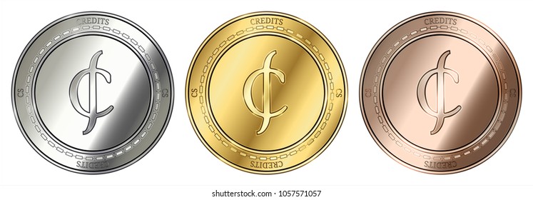 Gold, silver and bronze Credits (CS) cryptocurrency coin. Credits (CS) coin set.