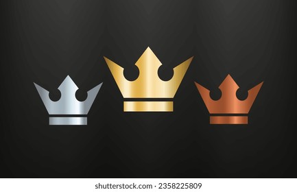 Gold, Silver and Bronze Crown Icon Rank No.1 to No.3 on black background. Crown label with three vip level. Vector illustration