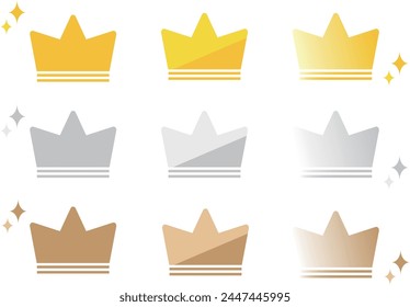 Gold, silver and bronze crown icon set