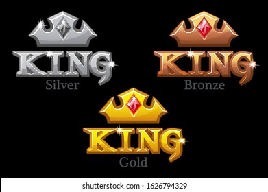 Gold, silver or bronze crowns and king logo. Set of isolated crown icons with diamond.
