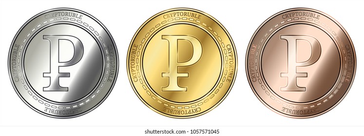 Gold, silver and bronze Cryptoruble cryptocurrency coin. Cryptoruble coin set.