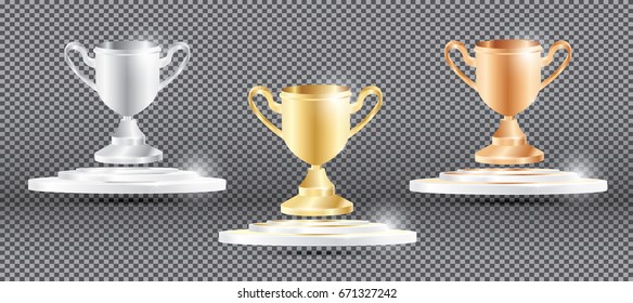 Gold, Silver and Bronze Cup on Transparent Background. Vector Illustration.